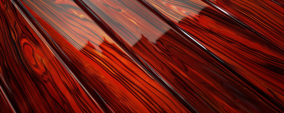 A close-up of high-gloss, polished rosewood paneling with a deep, reddish-brown color and fine grain patterns. The reflective surface adds a touch of elegance and luxury.