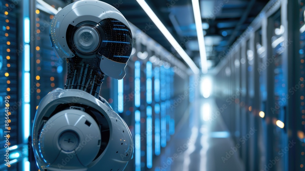 Poster artificial intelligence robot in a data center, back view, highlighting the high-tech environment of