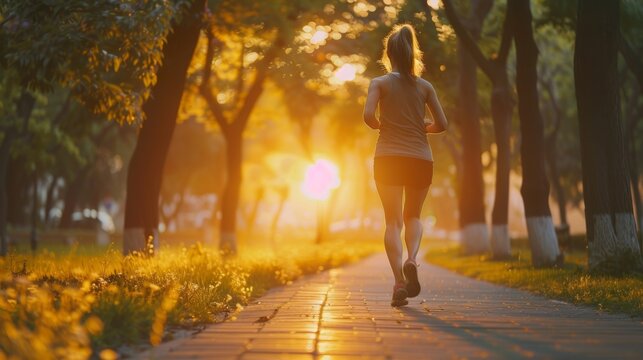 A female runner makes her way down a paved path, the sun setting behind her in the distance