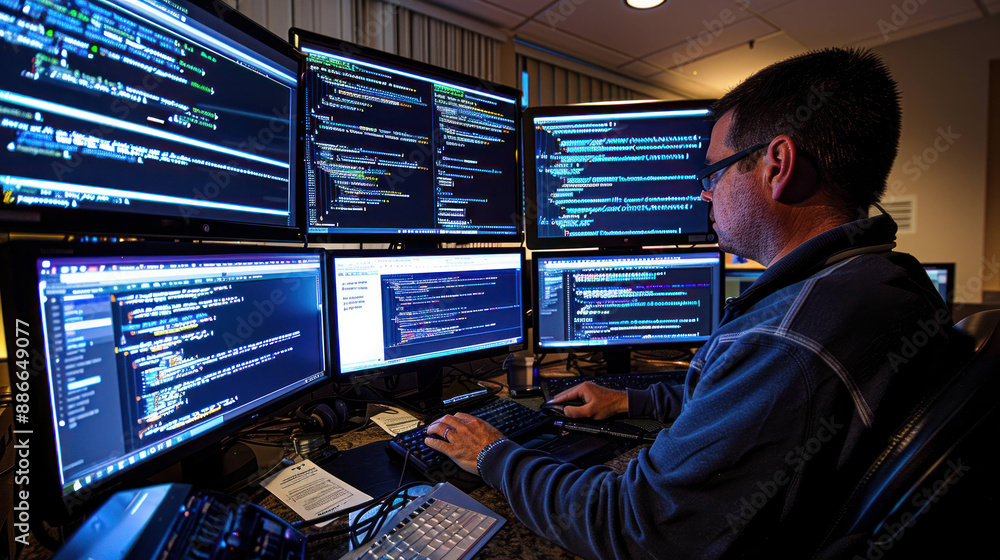 Aufkleber Dedicated Programmer Working on Multiple Monitors with Lines of Code Displayed