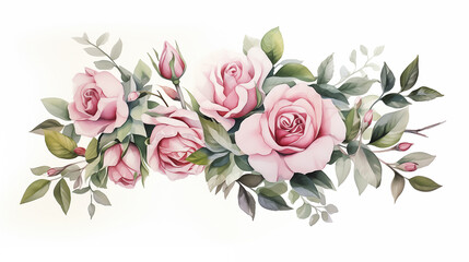 Fototapeta premium handdrawn painting of cute and many beautiful roses flowers and eucalyptus leaves, white background