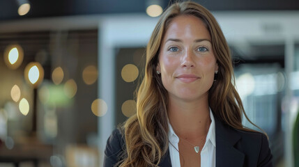 A professional woman's portrait with a bokeh background of office lights.