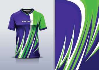 Sport jersey template mockup curve wave design for football soccer, racing, running, e sports, purple green color © Nimpuna O