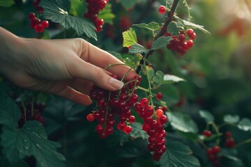 Hand gently reaches out to pick ripe red berry from green bush. Berry nestled among lush leaves with blurred outdoor setting of trees and foliage in background.