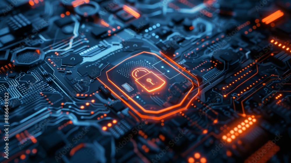 Poster a computer chip with a lock on it. concept of security and protection