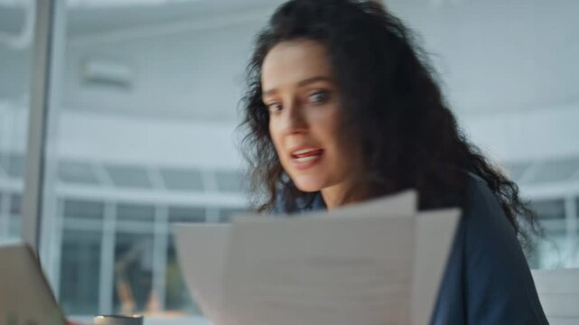 Emotional manager talking video call closeup. Nervous woman reacting mistake