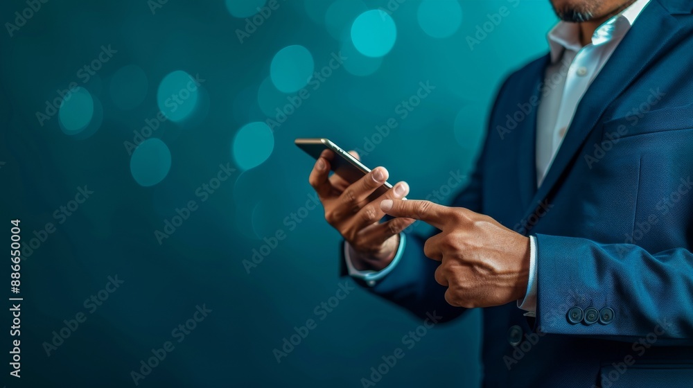 Poster a man in a suit is holding a cell phone and pointing at something on the screen