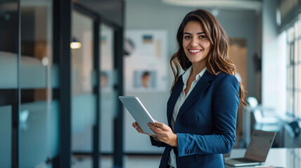 A businesswoman using a tablet and smiling in a modern office setting.