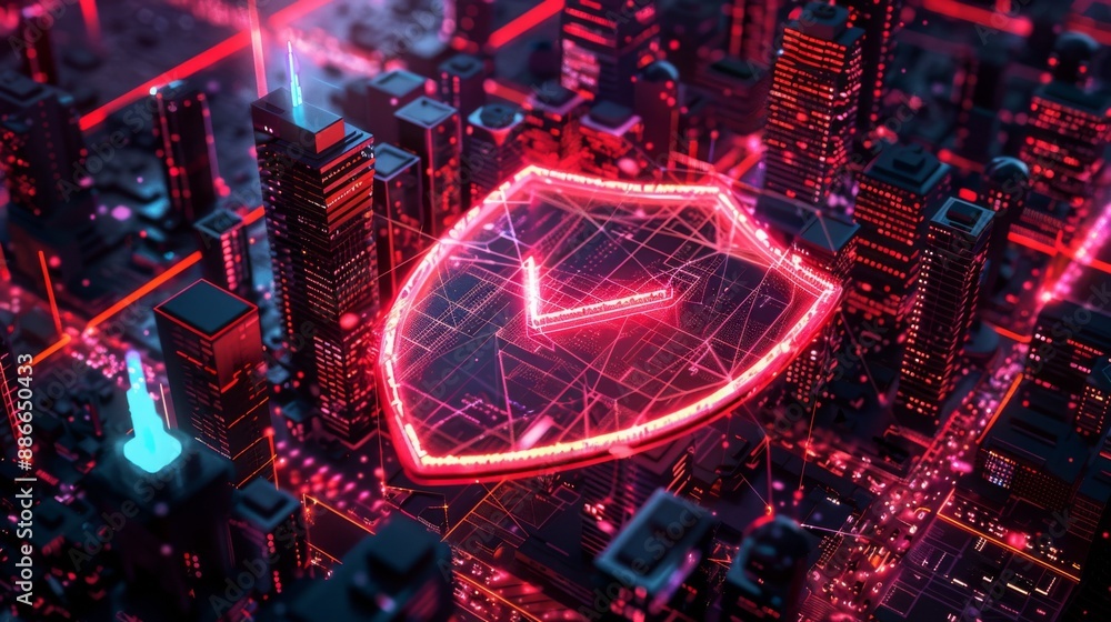 Poster a red shield with a clock on it is displayed in a cityscape. the shield is glowing and he is protect