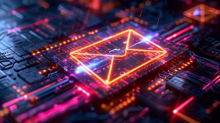 Obraz premium A computer chip with a glowing red envelope on it. Concept of technology and modernity, with the envelope representing communication and connection