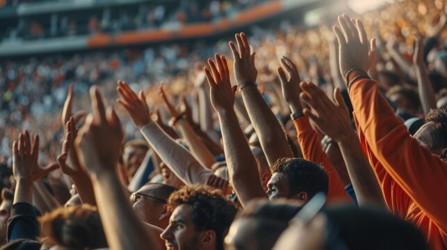 A crowd of enthusiastic fans raise their hands in the air, cheering on their favorite team at a stadium