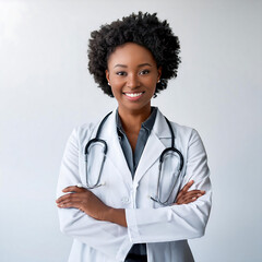 Doctora  afroamericana de pie sonriendo con brazos cruzados