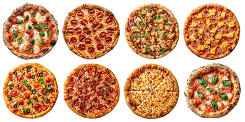 Various Types, Flavors of Pizza Isolated on Transparent Background, Different kinds of Pizza for Menu, food blogs, food websites