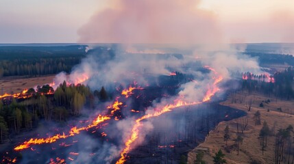 A green forest, covered in smoke, burning in a forest fire. Forest Fire Protection Day in the USA