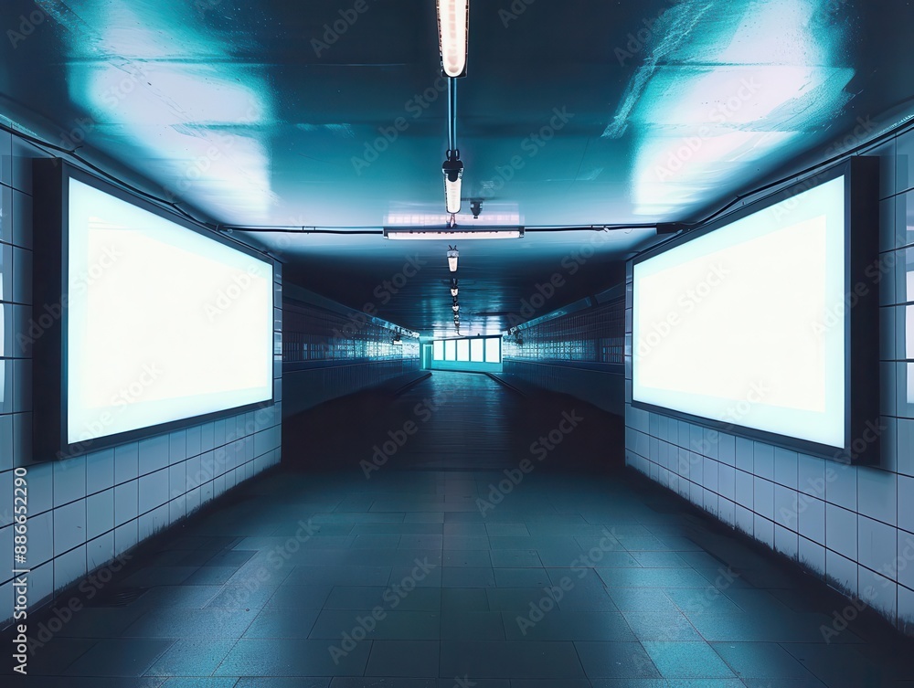 Wall mural two large empty advertising lightboxes in a dimly lit underground tunnel creating a striking contras