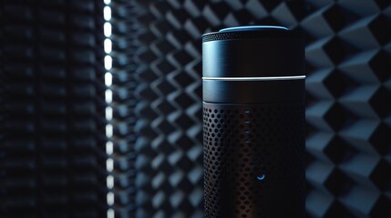 Sleek Modern Microphone in Dark Soundproof Studio - Ideal for Podcast or Recording Studio Design