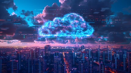 Glowing Digital Cloud Hovering Over the Illuminated Cityscape Showcasing the Omnipresence of Cloud Computing in Urban Life
