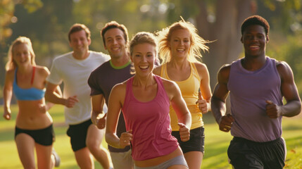 Active Lifestyle - Group of Friends Enjoying a Morning Jog in the Park