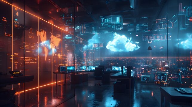 Futuristic Office with Holographic Interfaces Showcasing Advanced Cloud Computing Technologies in Business