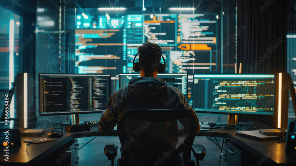 Aufkleber Digital Nomad: Programmer Working on Multiple Screens in Futuristic Office
