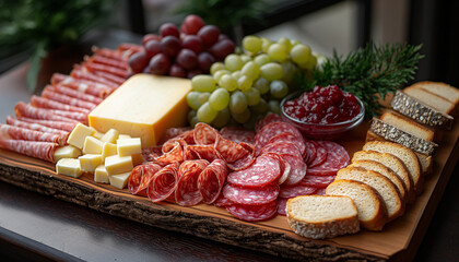 T&aacute;bua de frios salame queijo p&atilde;o geleia montagem profissional gastronomia uva frutas madeira IA Generativa