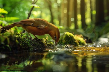 Fototapeta premium Majestic Goldeeg Bird Sipping Water from Pristine Stream in Enchanting Forest Setting.