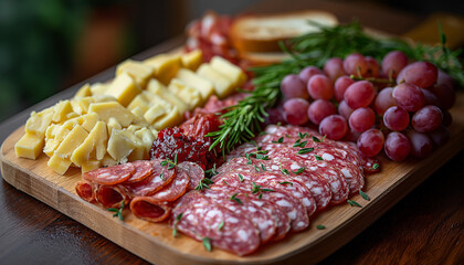T&aacute;bua de frios salame queijo p&atilde;o geleia montagem profissional gastronomia uva frutas madeira IA Generativa