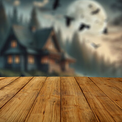 Empty wooden table with copy space for products and blurred dark night house and black birds ravens...