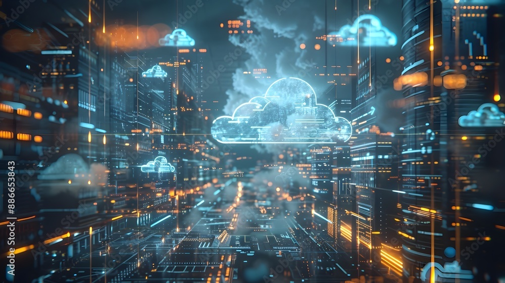 Poster futuristic office with holographic interfaces and floating data showcasing advanced cloud computing 