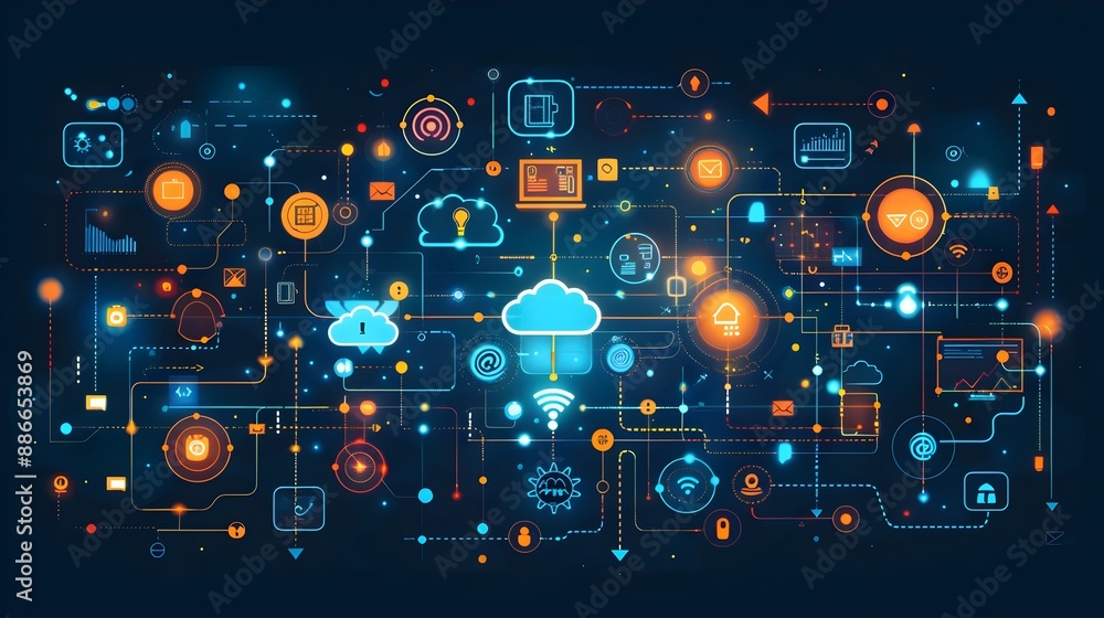 Poster detailed infographic on the of iot in business communication networks with clear and engaging visual