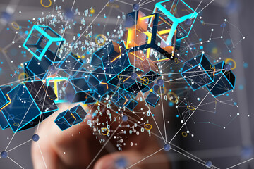 Data cloud storage network from lines, triangles and particle style design.