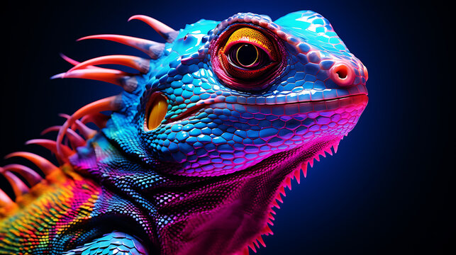 Colorful lizard in neon colors. Dark background with a close-up.