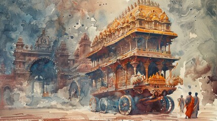 Obraz premium Watercolor painting by Latyatra, with a large, ornate chariot. A fantastic carriage ride