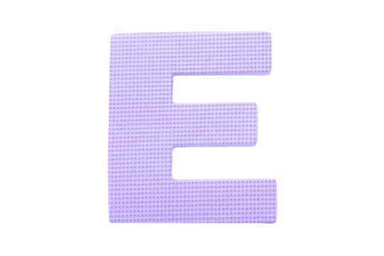 Jigsaw foam plastic purple English uppercase "E" alphabet isolated on cut out PNG or transparent background. Character. Colorful foam alphabet puzzle pieces used in learning education for children.