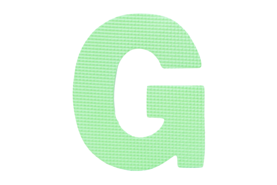 Jigsaw foam plastic green English uppercase "G" alphabet isolated on cut out PNG or transparent background. Character. Colorful foam alphabet puzzle pieces used in learning education for children.