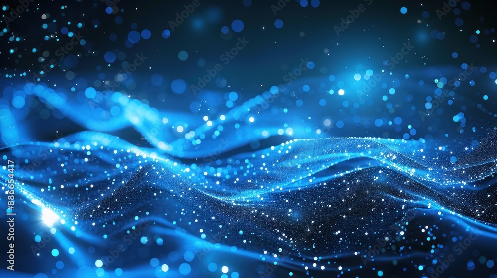 Aufkleber digital blue particle waves and abstract background with bright shining dots. ai generates image