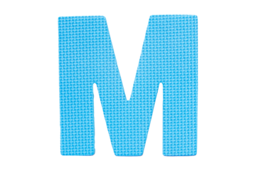 ฺJigsaw foam plastic blue English uppercase "M" alphabet isolated on cut out PNG or transparent background. Character. Colorful foam alphabet puzzle pieces used in learning education for children.	
