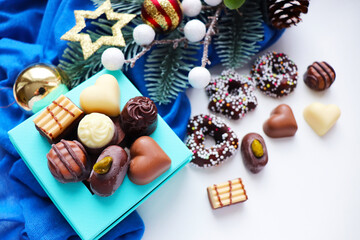 chocolate candies and gift box. set of gift cards 