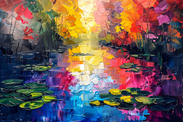 Abstract colorful background with river and leaves, oil painting.