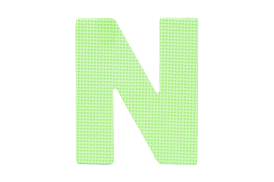 Jigsaw foam plastic green English uppercase "N" alphabet isolated on cut out PNG or transparent background. Character. Colorful foam alphabet puzzle pieces used in learning education for children.