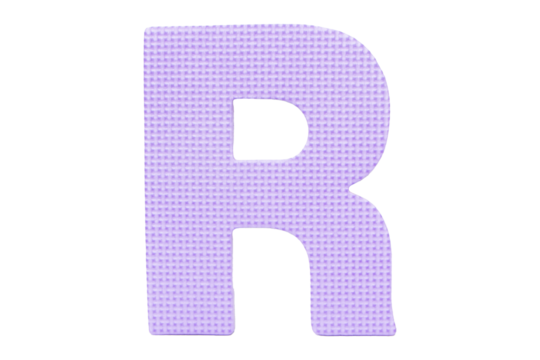 Jigsaw foam plastic purple English uppercase "R" alphabet isolated on cut out PNG or transparent background. Character. Colorful foam alphabet puzzle pieces used in learning education for children.