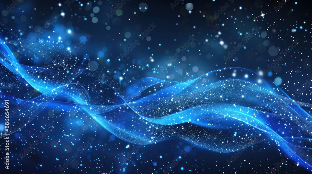 Aufkleber digital blue particle waves and abstract background with bright shining dots. ai generates image