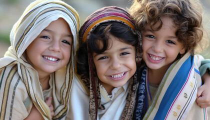 3 Crian;as sorrindo com trajes t&iacute;picos da Biblia Sagrada diversidade cultural Religi&aacute;o Cristianismo IA Generativa