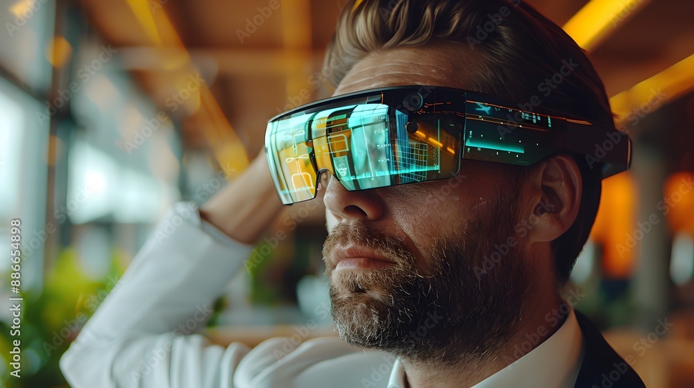Poster modern executive using augmented reality glasses for data visualization and remote team communicatio