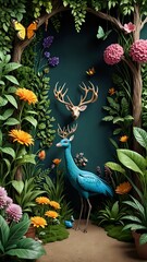 A whimsical scene with a deer head and a blue bird in a lush, vibrant forest setting.