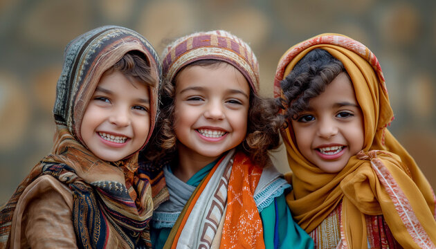 3 Crian;as sorrindo com trajes t&iacute;picos da Biblia Sagrada diversidade cultural Religi&aacute;o Cristianismo IA Generativa