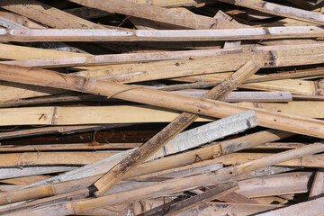 Close-up of dried bamboo stalks in a section. Texture, background.