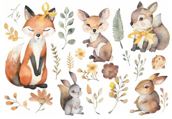 A watercolor illustration of woodland animals featuring a baby bear, fox, squirrel, and bunny