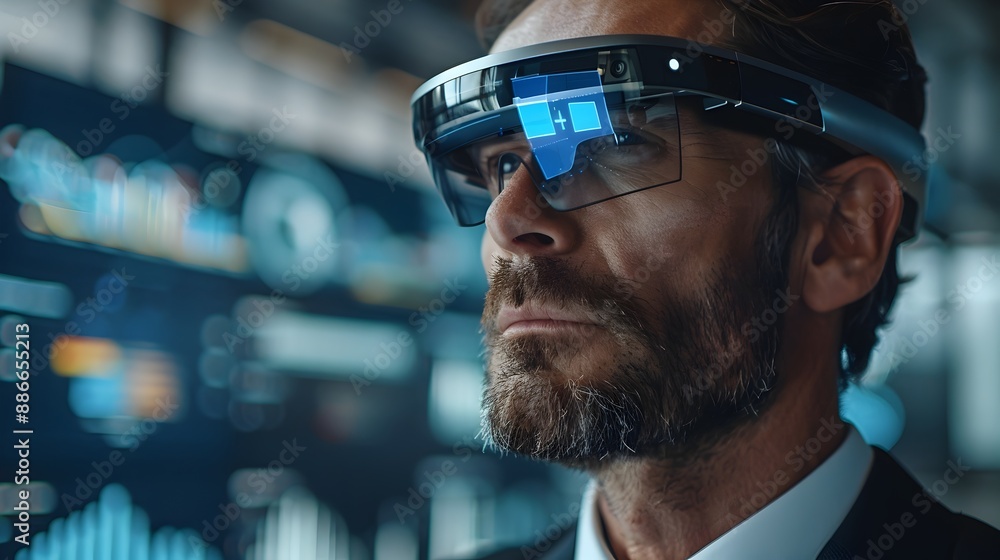 Poster modern executive leveraging augmented reality for data visualization and remote team