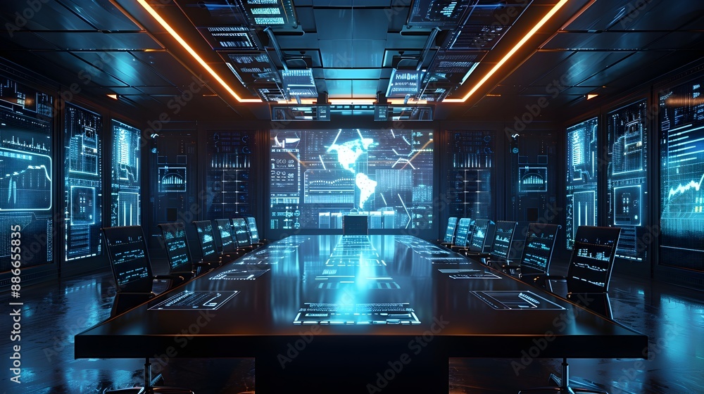 Poster sleek virtual meeting room with holographic displays and interactive tools for seamless business com